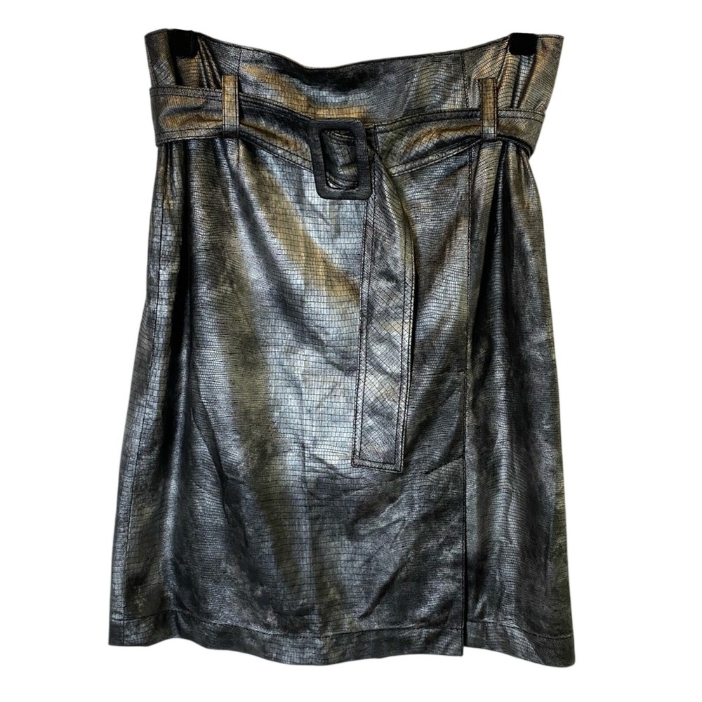 Think Tank Women's Faux Leather‎ Mini Skirt Size 4 Silver Reptile Print Belted